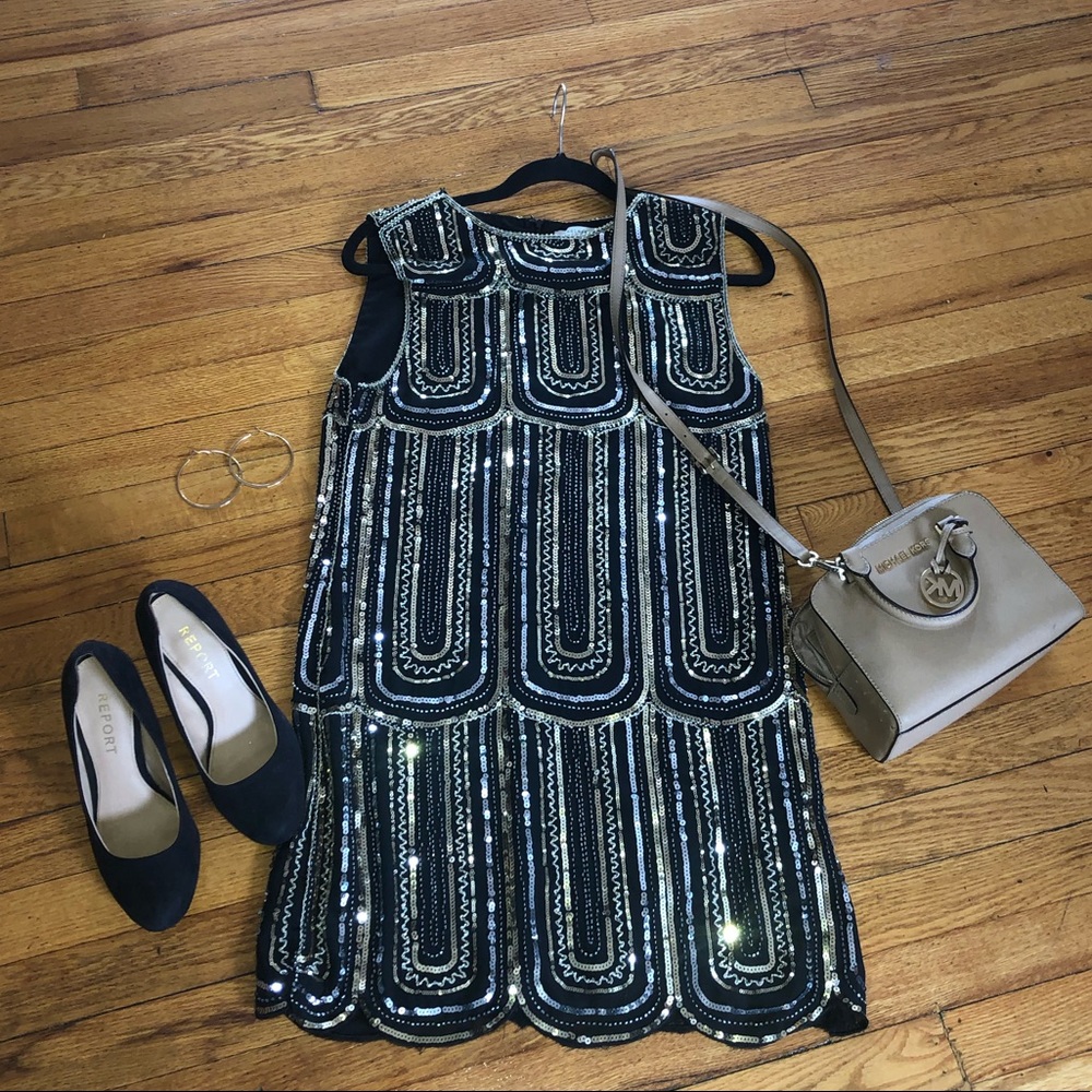 Black and gold sequined Art Deco mini-dress